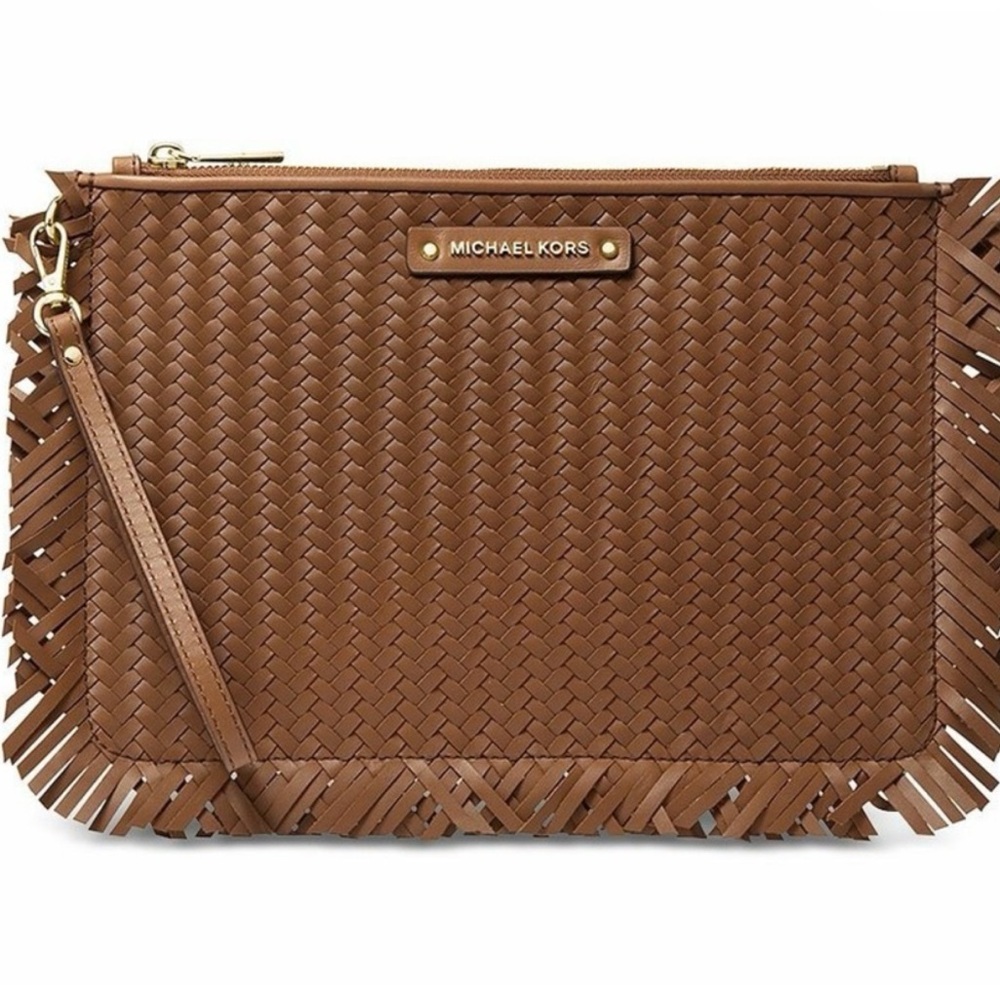 Michael Kors jet set Tan Woven leather large Fringe Clutch wristlet - Picture 3 of 9